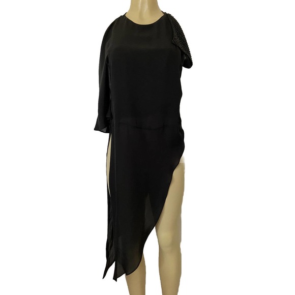 Halston Heritage Silk Asymmetrical Drape Top Tied On Side Black Crew Nec… - Picture 1 of 9